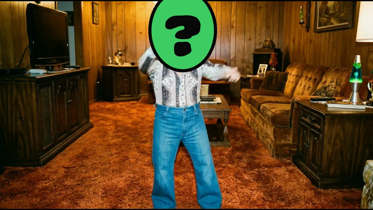 Still Crazy for You video card, scene 2: dancers with a ? where your face goes (best funny anniversary ecards 2026)