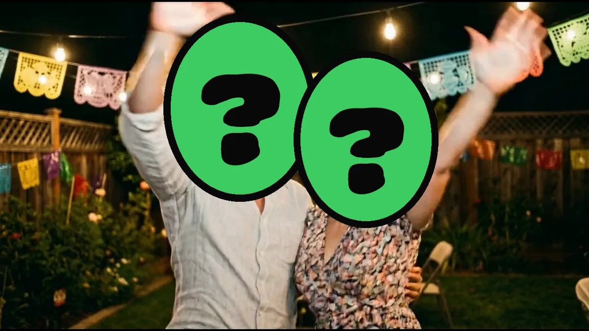 Salsa Anniversary video card, scene 2: dancers with a ? where your face goes (funny anniversary ecard)