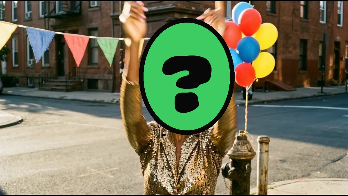 Birthday Block Party video card, scene 2: dancers with a ? where your face goes (ecards no subscription)