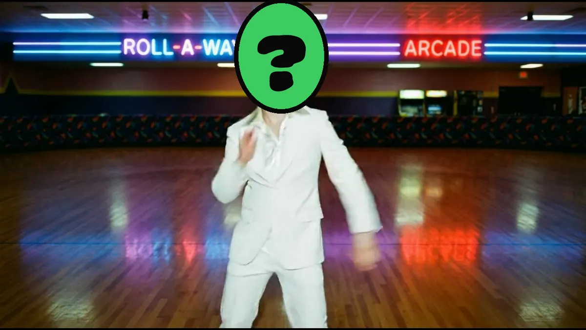Birthday Disco Fever video card, scene 2: dancers with a ? where your face goes (elf yourself birthday)