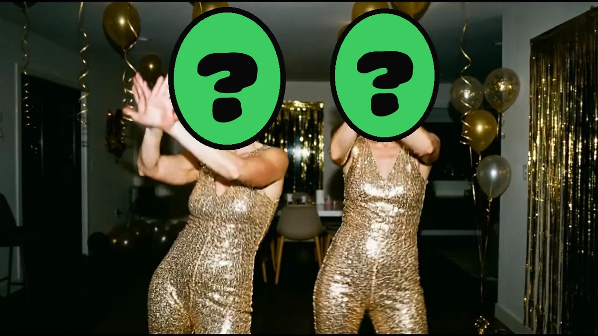 Birthday Disco Fever video card, scene 3: dancers with a ? where your face goes (funny birthday card messages)