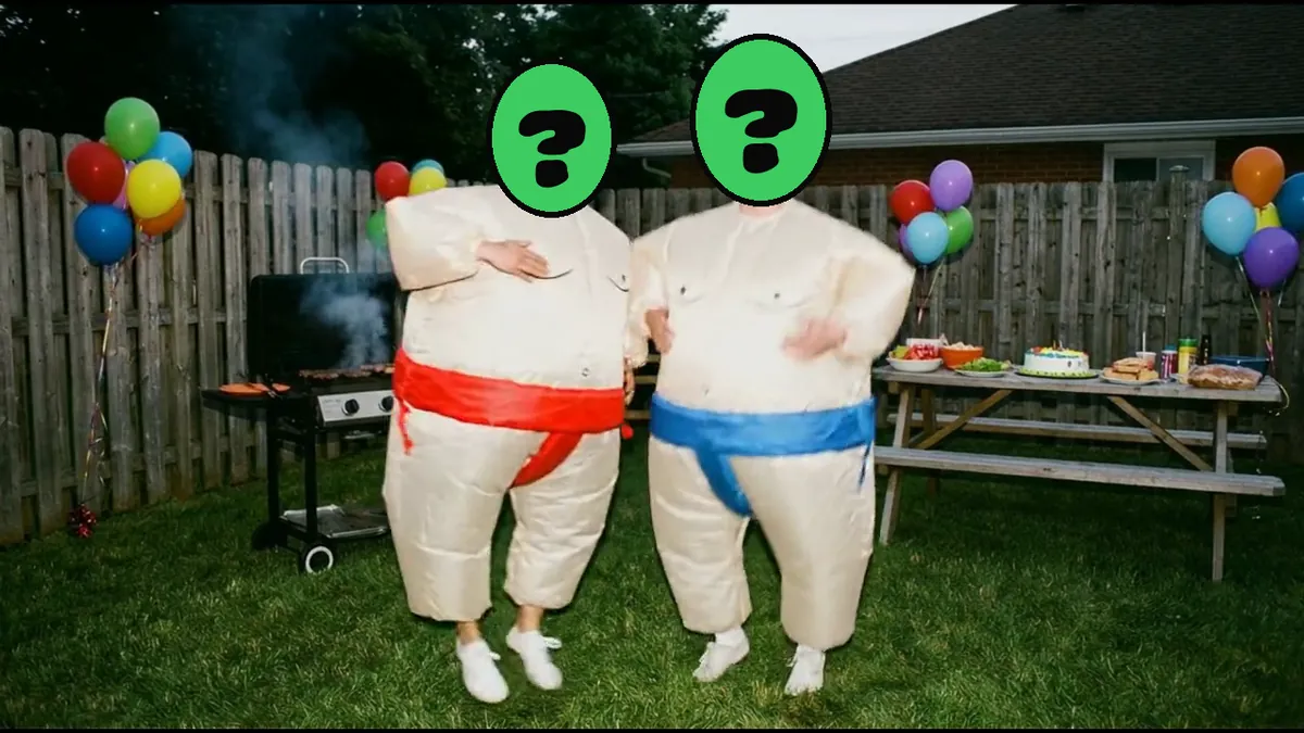 90s Birthday Bash video card, scene 3: dancers with a ? where your face goes (ecards no subscription)