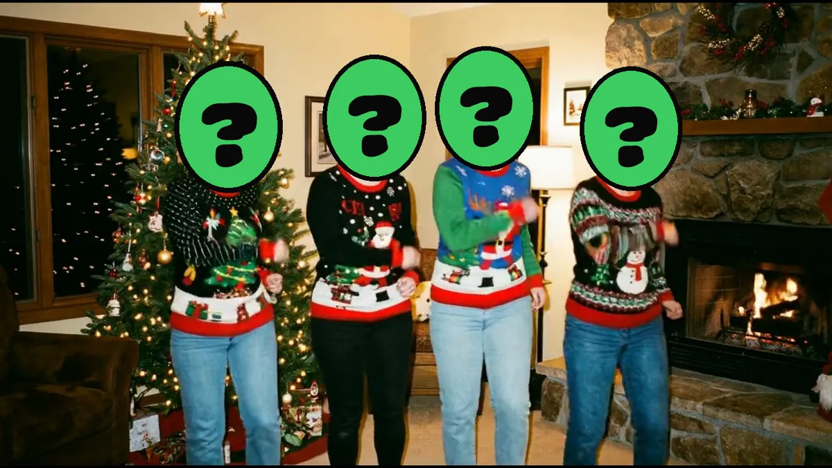 Holiday Boy Band video card, scene 2: dancers with a ? where your face goes (elf yourself)