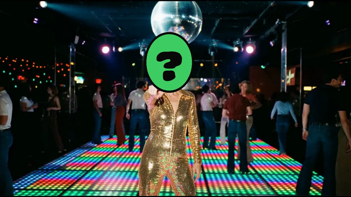 It's Not Me, It's You video card, scene 2: dancers with a ? where your face goes (anti valentine cards)