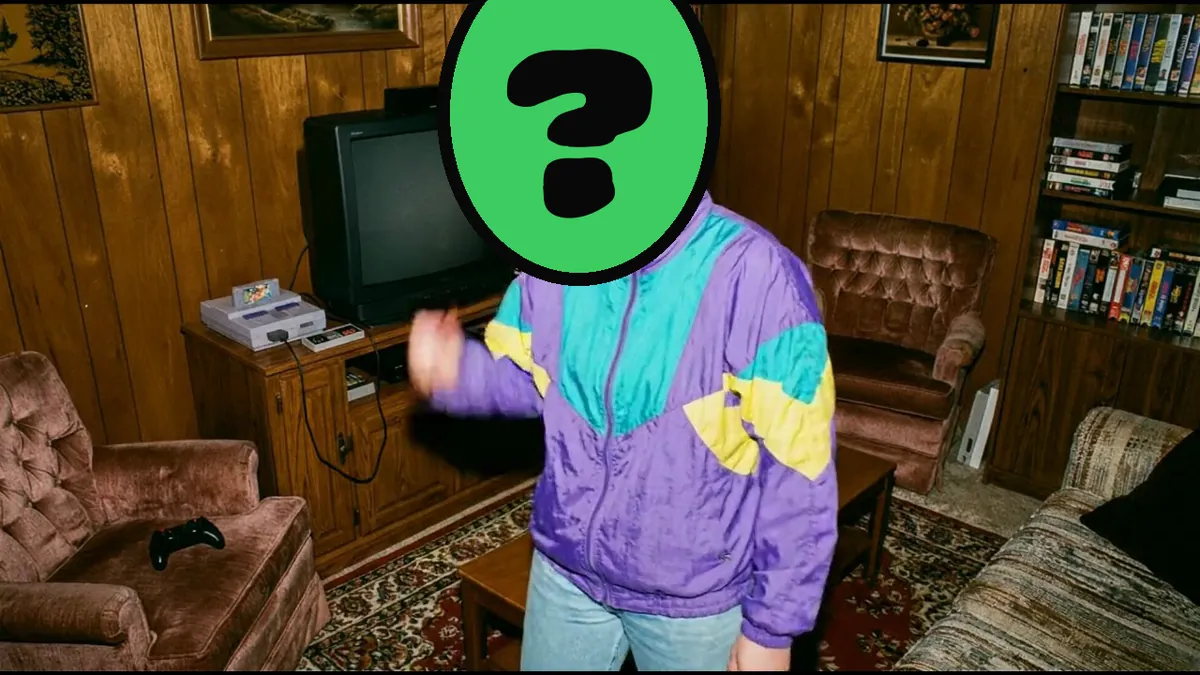Video Game Chump video card, scene 2: dancers with a ? where your face goes (trash talk greeting cards)