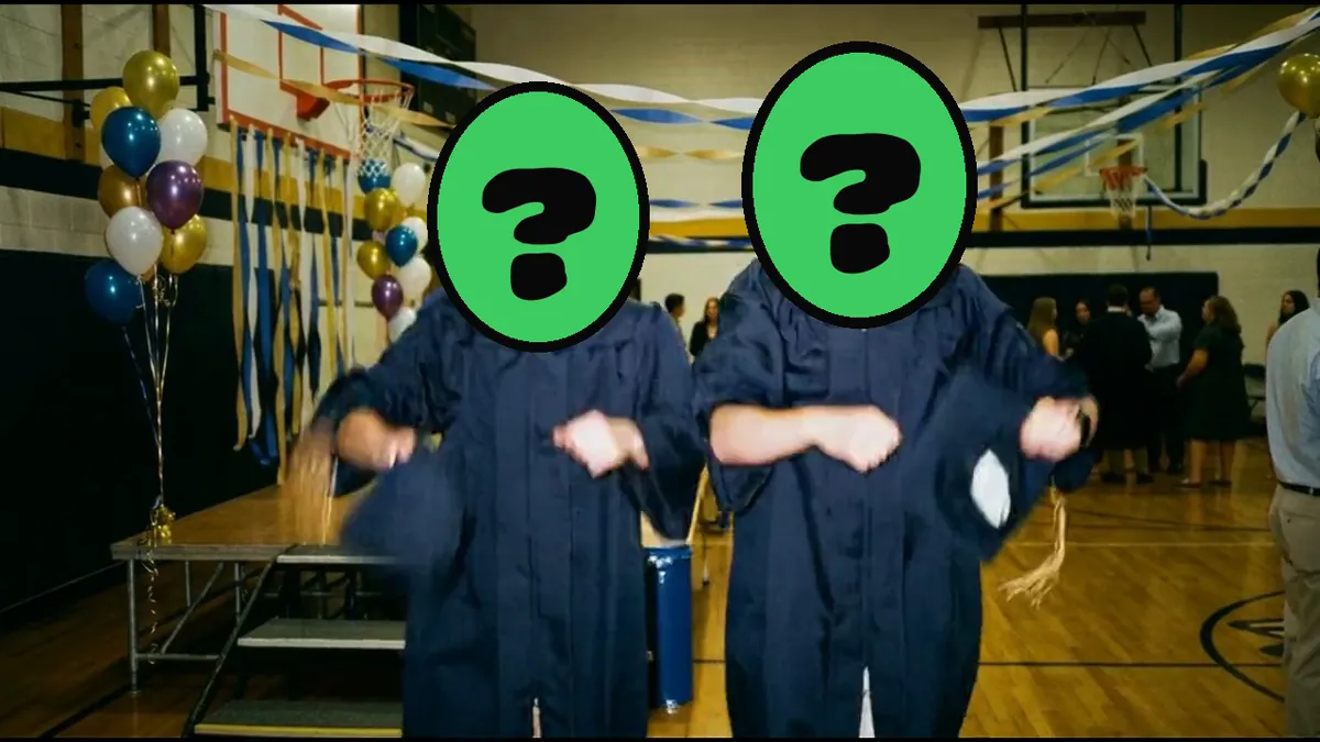 You Did It, Big Shot video card, scene 3: dancers with a ? where your face goes (funny graduation ecards)