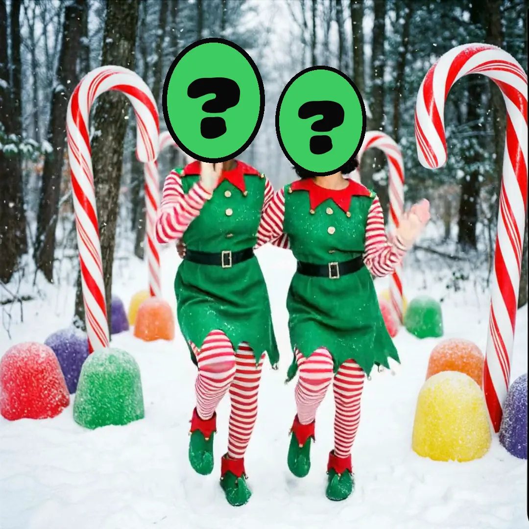 Elf Dance Party video card, scene 2: dancers with a ? where your face goes (black friday ecards on sale)