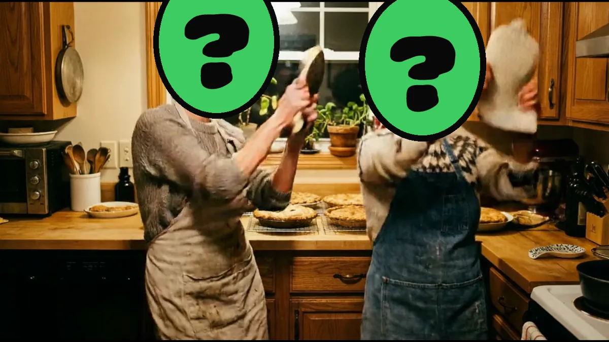 Friendsgiving video card, scene 2: dancers with a ? where your face goes (funny thanksgiving quotes)