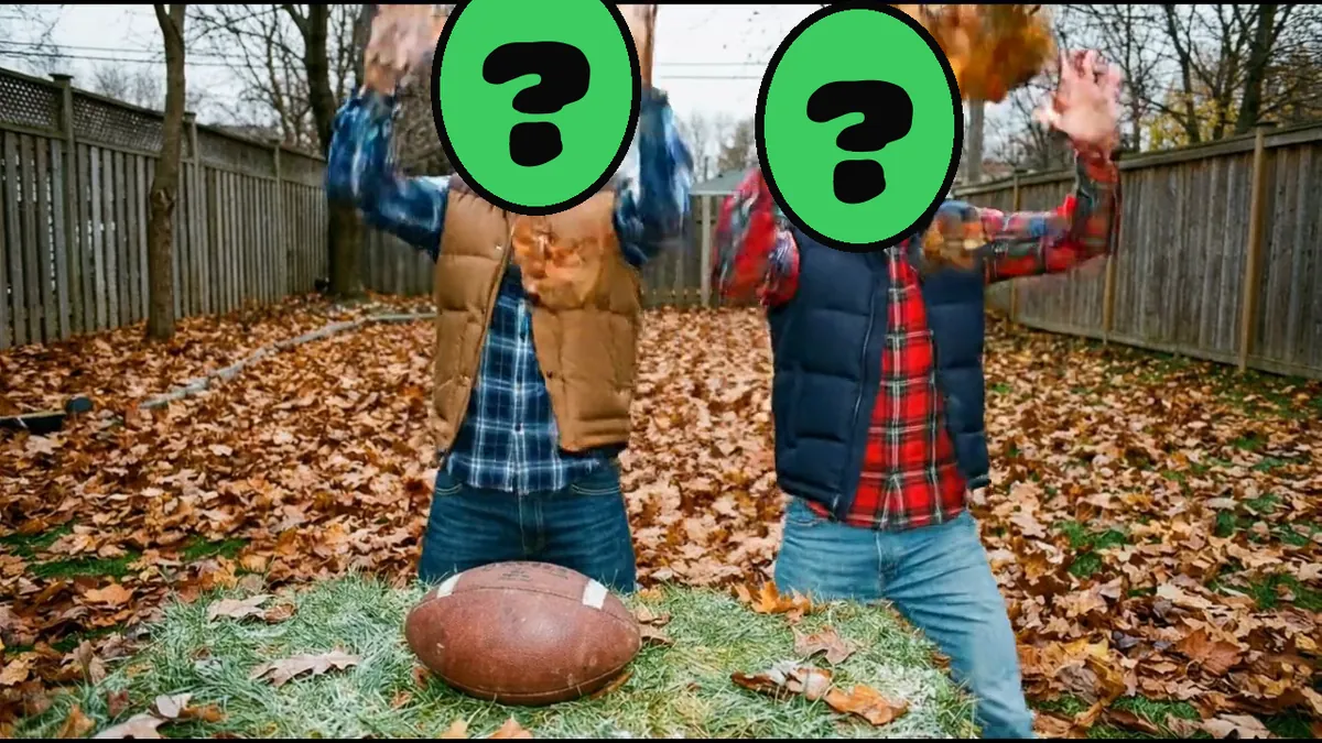 Friendsgiving video card, scene 3: dancers with a ? where your face goes (affiliate captions)