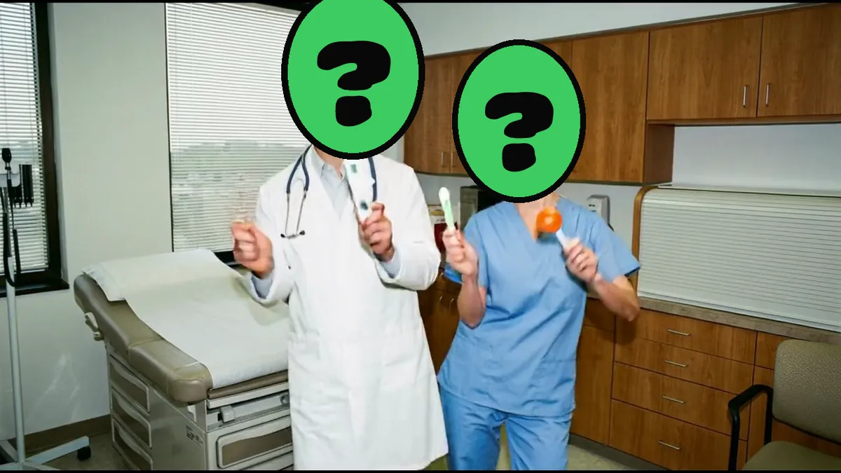 Get Well Soon video card, scene 3: dancers with a ? where your face goes (funny get well ecards)