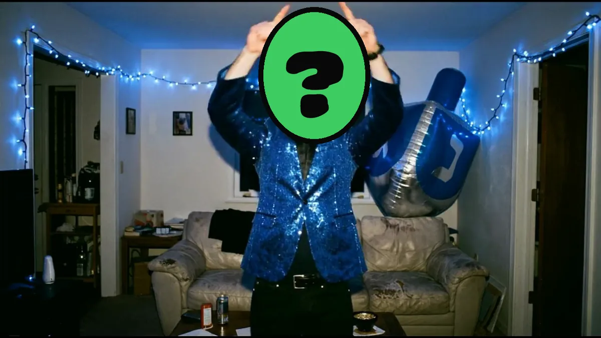 Latke Party video card, scene 3: dancers with a ? where your face goes (black friday holiday card deals)