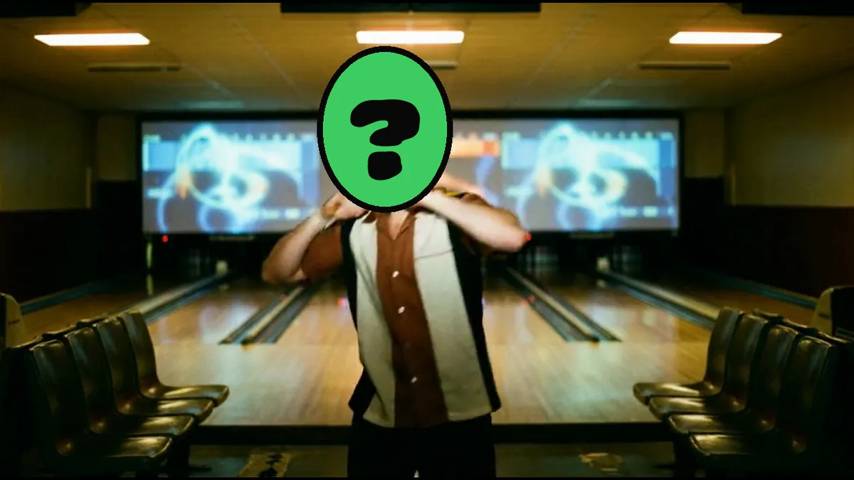 New High Score video card, scene 2: dancers with a ? where your face goes (trash talk greeting cards)