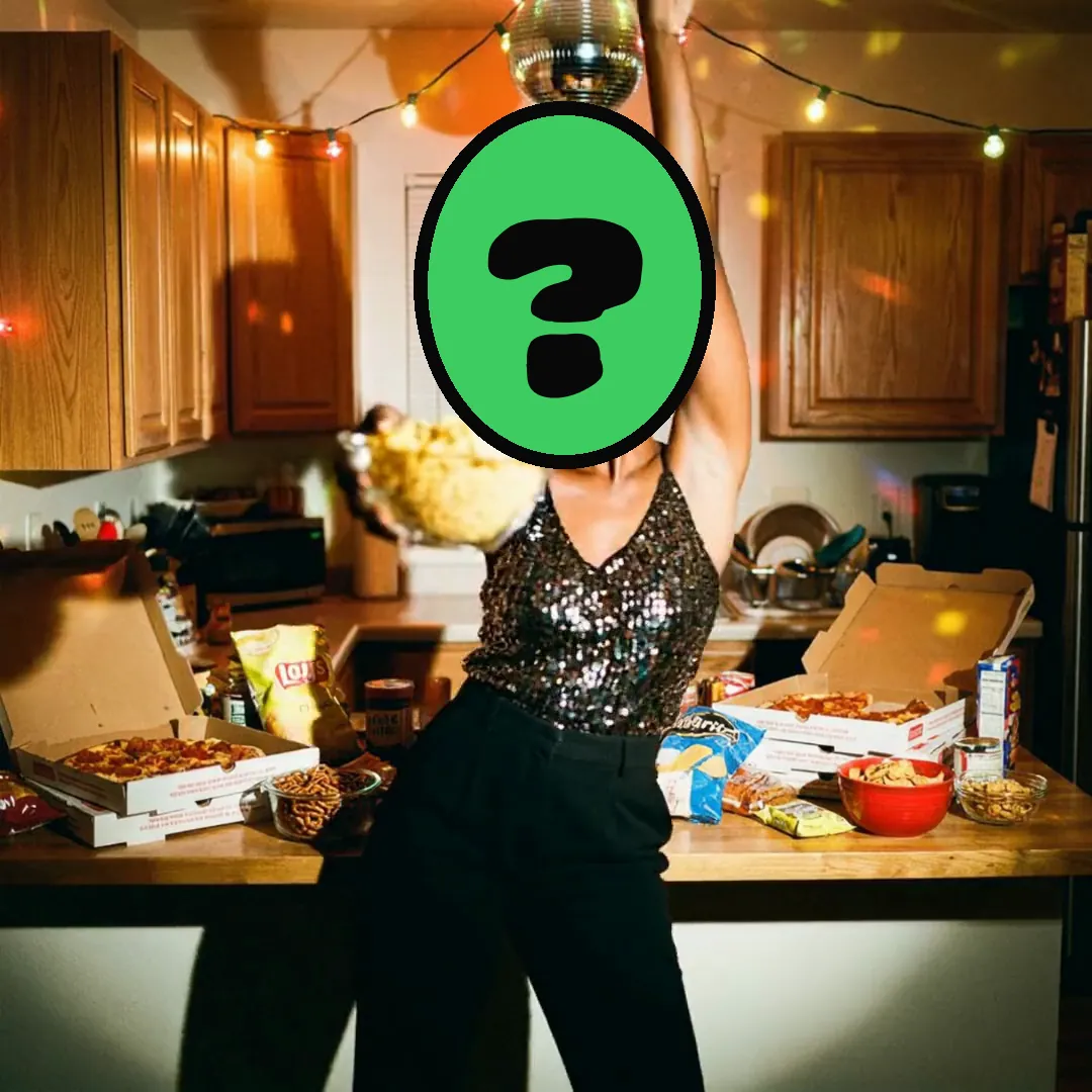 House Party Invite video card, scene 2: dancers with a ? where your face goes (new year ecards 2026)