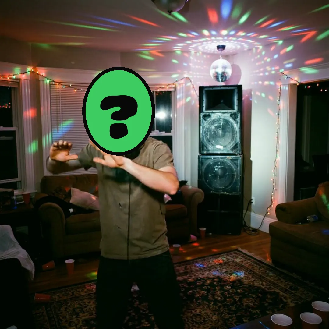 House Party Invite video card, scene 3: dancers with a ? where your face goes (housewarming ecard)