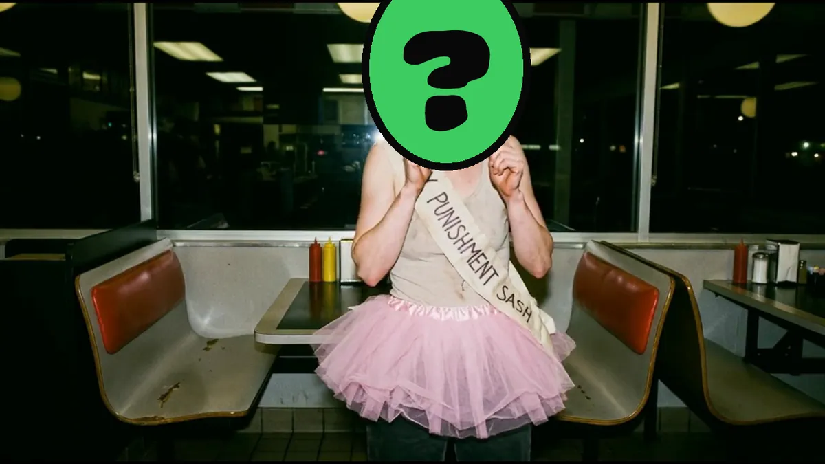 Last Place Loser video card, scene 2: dancers with a ? where your face goes (greeting card affiliate program)