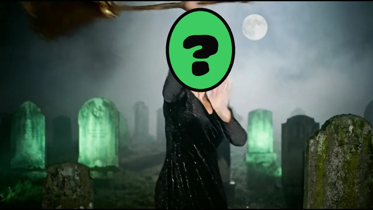 Monster Mash Party video card, scene 2: dancers with a ? where your face goes (flirty halloween card for partner)