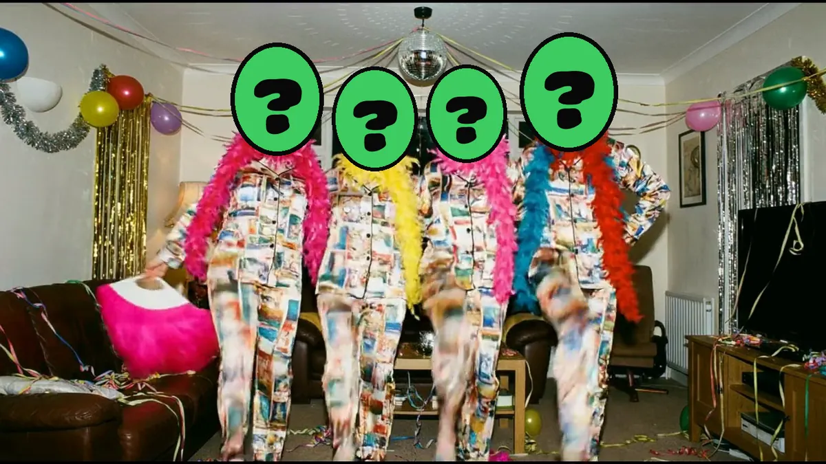 Midnight Countdown video card, scene 3: dancers with a ? where your face goes (new year ecards 2026)