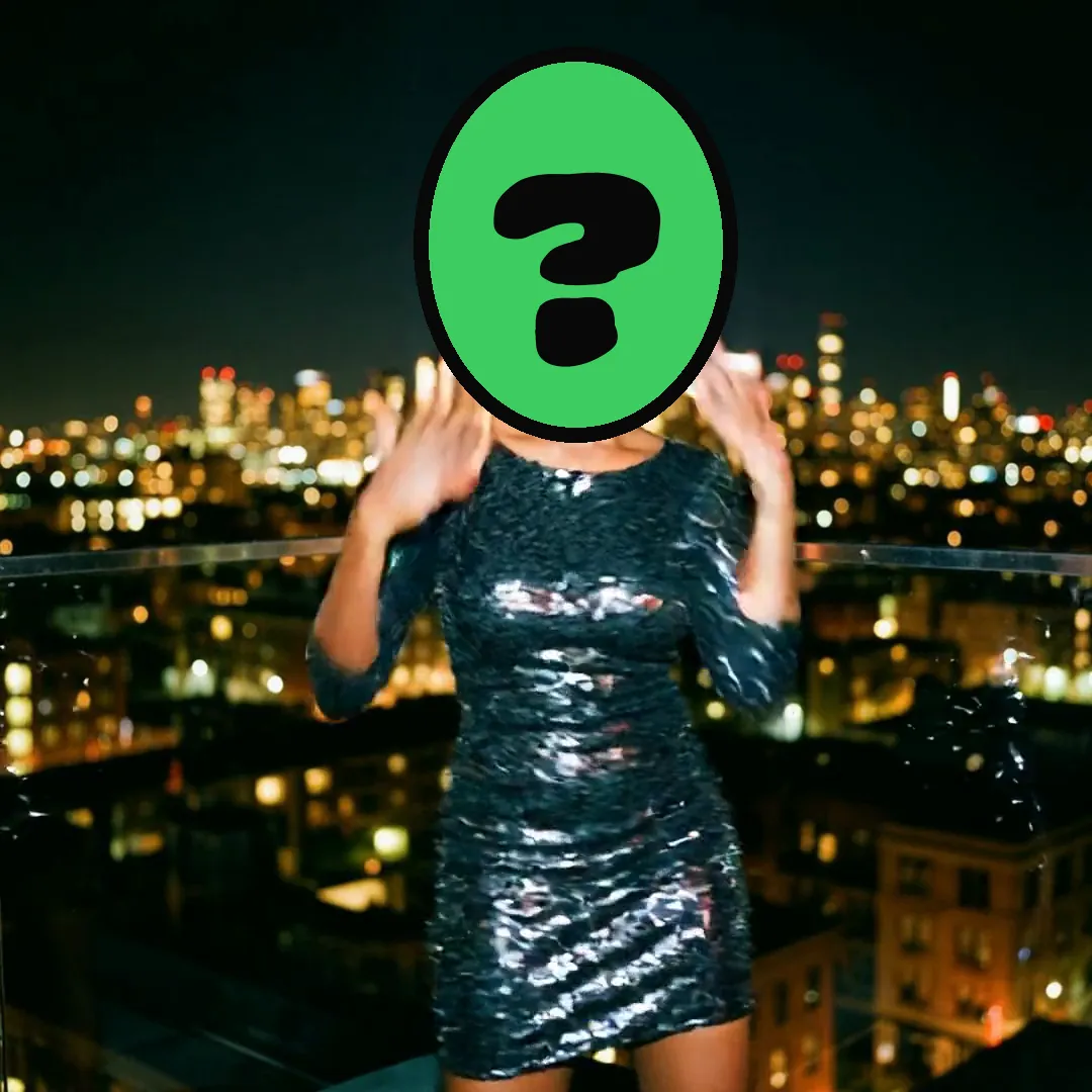 Epic Night Out video card, scene 2: dancers with a ? where your face goes (new year ecards 2026)