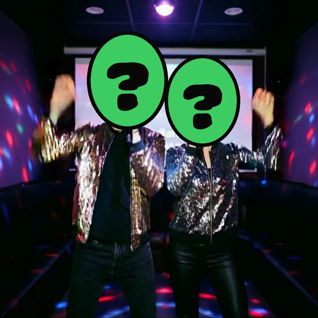 Epic Night Out video card, scene 3: dancers with a ? where your face goes (new year ecards 2026)