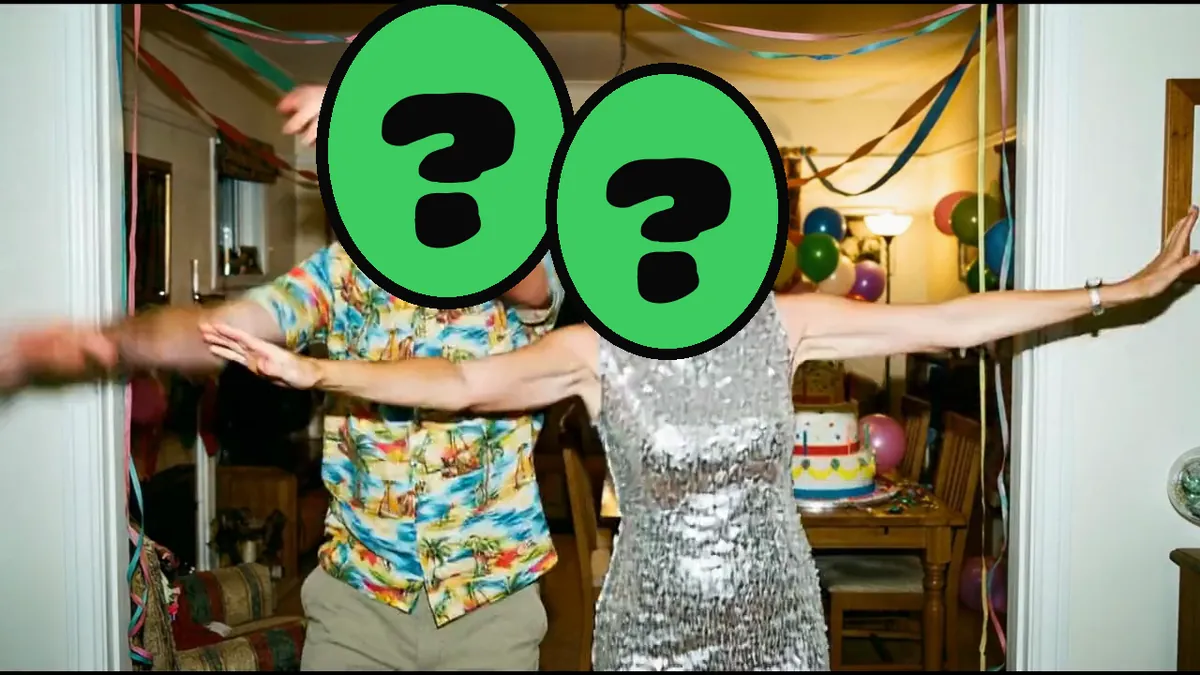 Pawty Animals video card, scene 2: dancers with a ? where your face goes (birthday card from the dog)