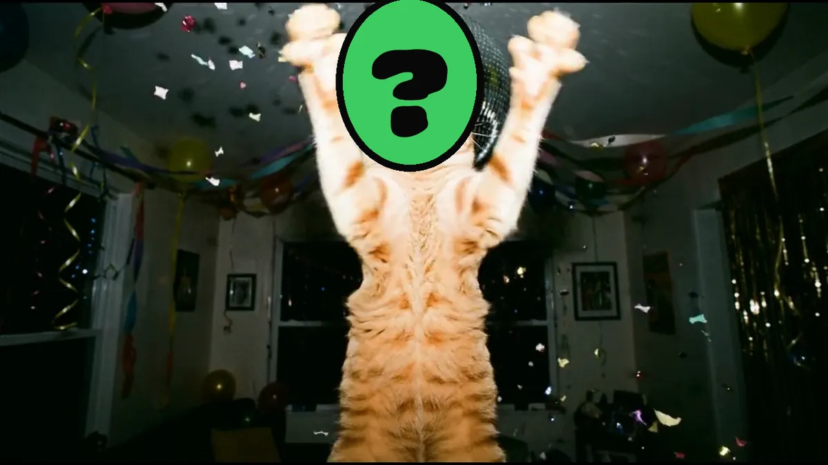 Pawty Animals video card, scene 3: dancers with a ? where your face goes (birthday card from the dog)