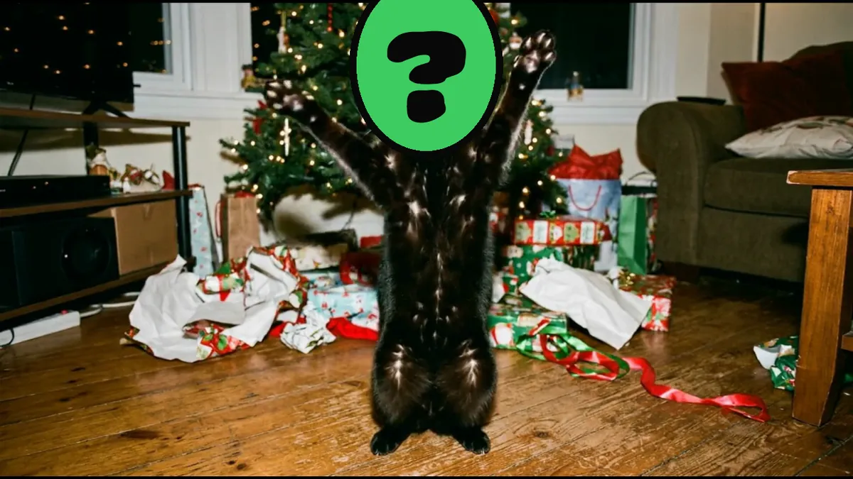 Meowy Christmas video card, scene 3: dancers with a ? where your face goes (christmas card from the dog)