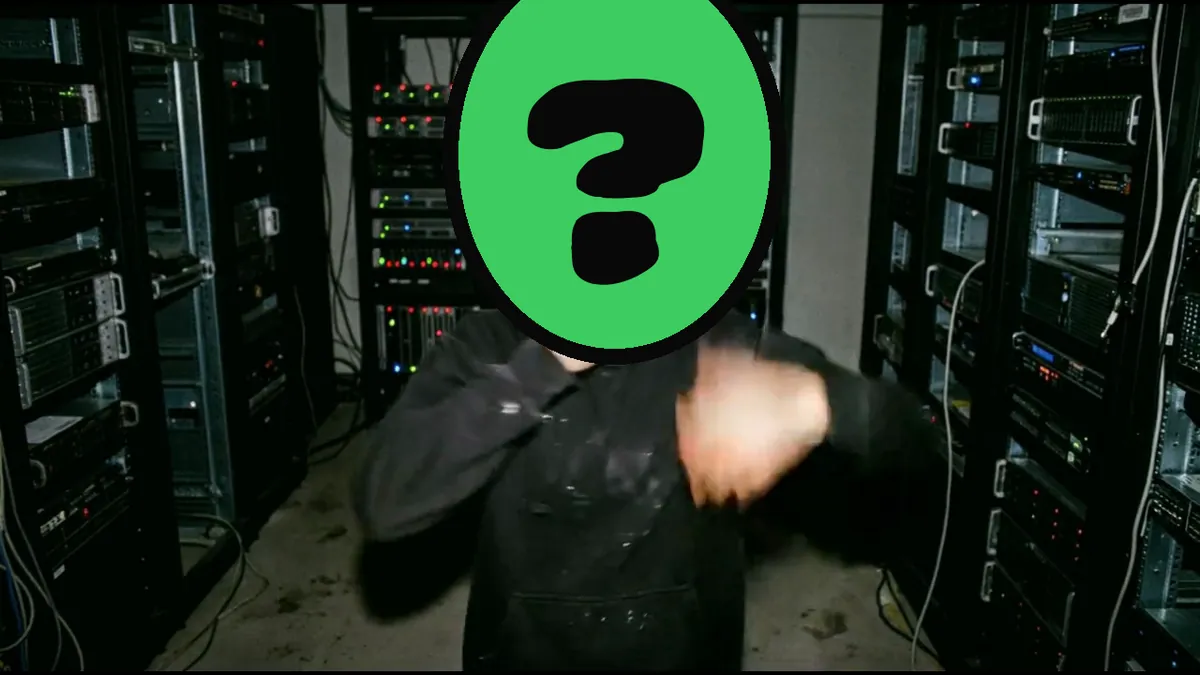 You Got Pwned video card, scene 3: dancers with a ? where your face goes (trash talk greeting cards)
