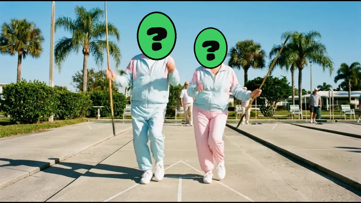 No More Mondays video card, scene 2: dancers with a ? where your face goes (funny retirement ecards)