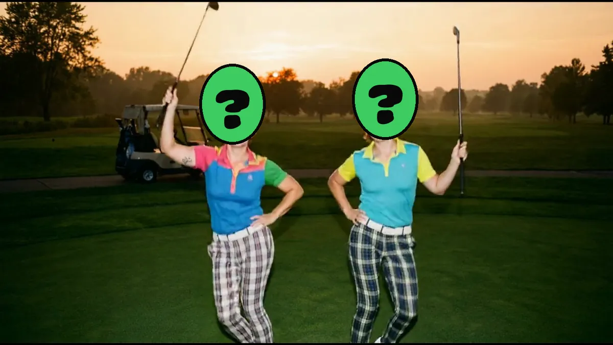 No More Mondays video card, scene 4: dancers with a ? where your face goes (funny retirement ecards)