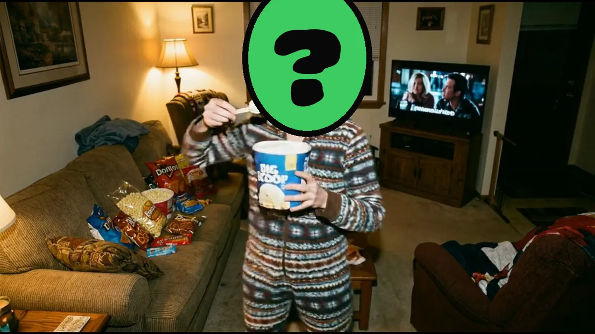 Table for One video card, scene 2: dancers with a ? where your face goes (anti valentine cards)