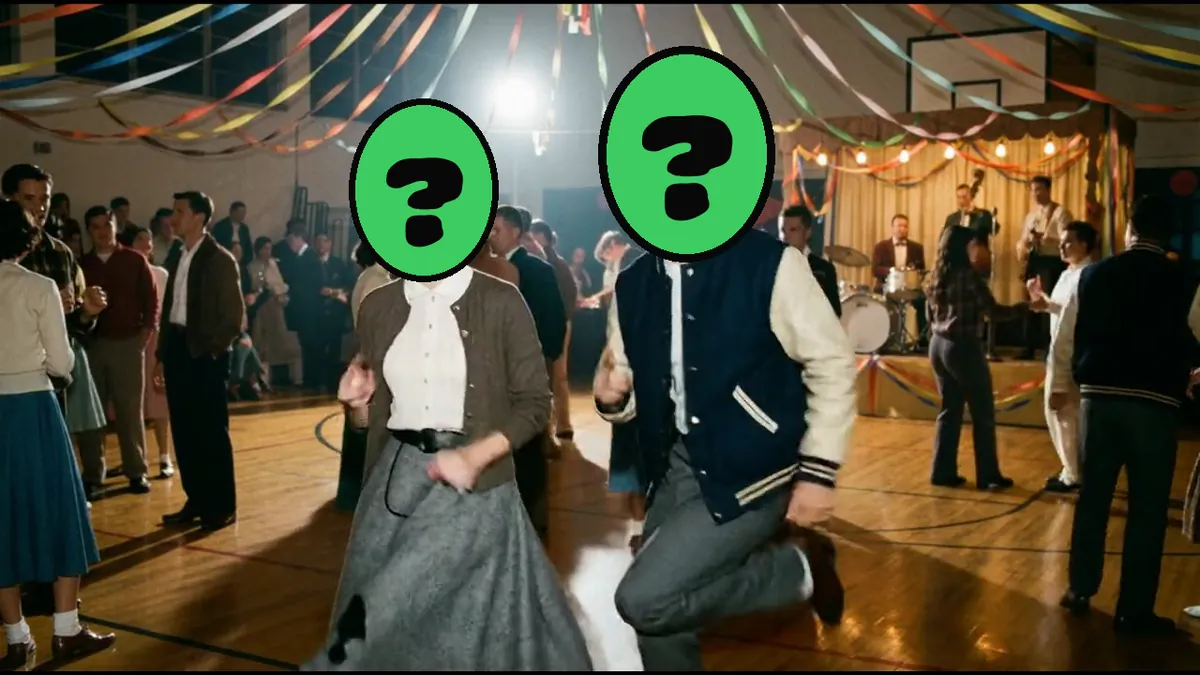 Sock Hop Sweetheart video card, scene 2: dancers with a ? where your face goes (funny valentines ecards)