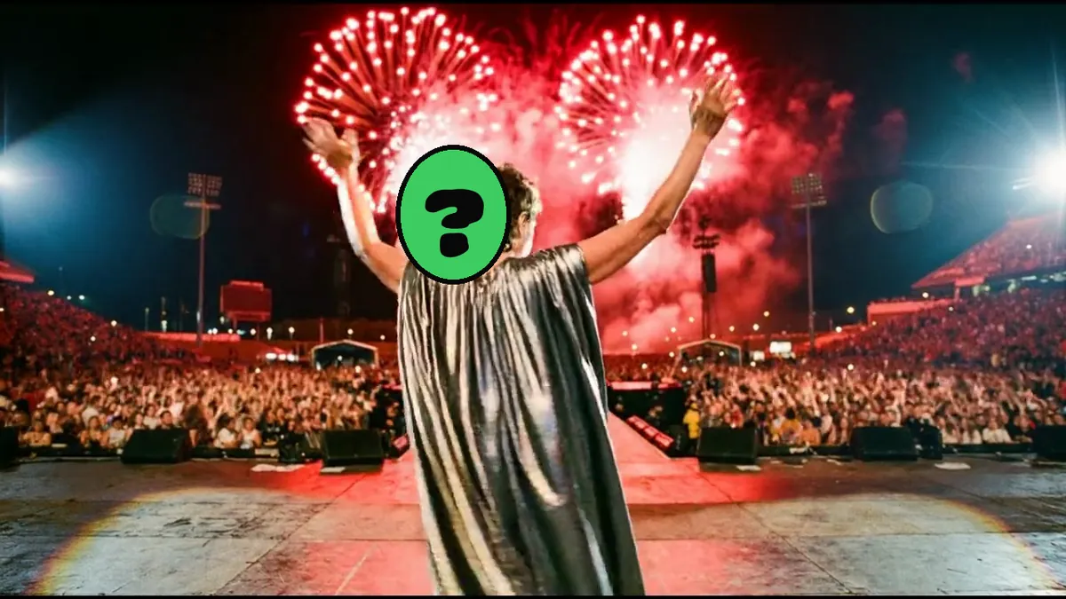 Birthday Superstar video card, scene 2: dancers with a ? where your face goes (birthday card from the dog)