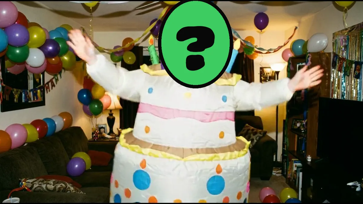 Birthday Superstar video card, scene 3: dancers with a ? where your face goes (dog birthday wishes)