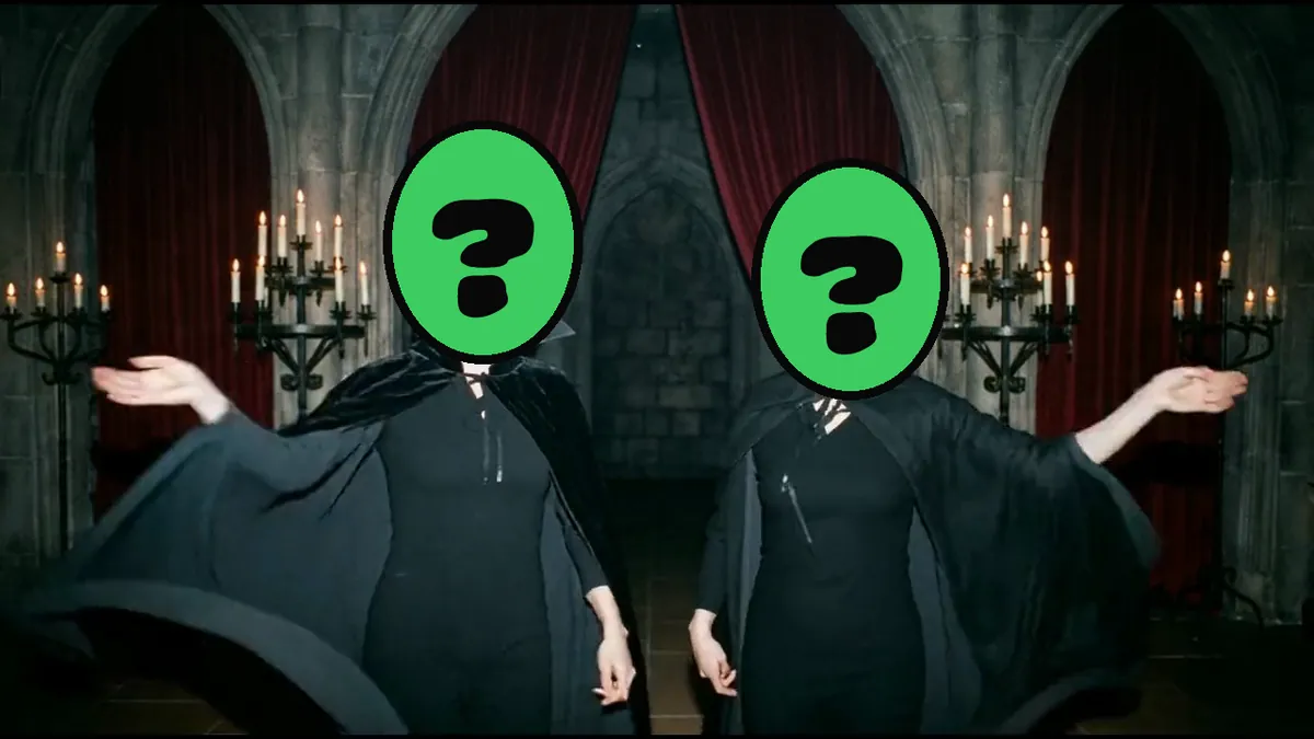 Monster Stomp video card, scene 2: dancers with a ? where your face goes (flirty halloween card for partner)