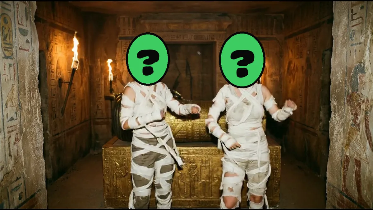 Monster Stomp video card, scene 3: dancers with a ? where your face goes (flirty halloween card for partner)