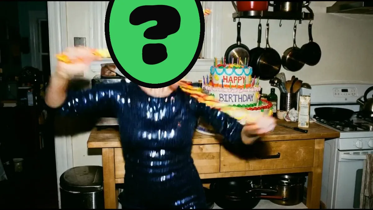 Surprise Party video card, scene 2: dancers with a ? where your face goes (elf yourself birthday)