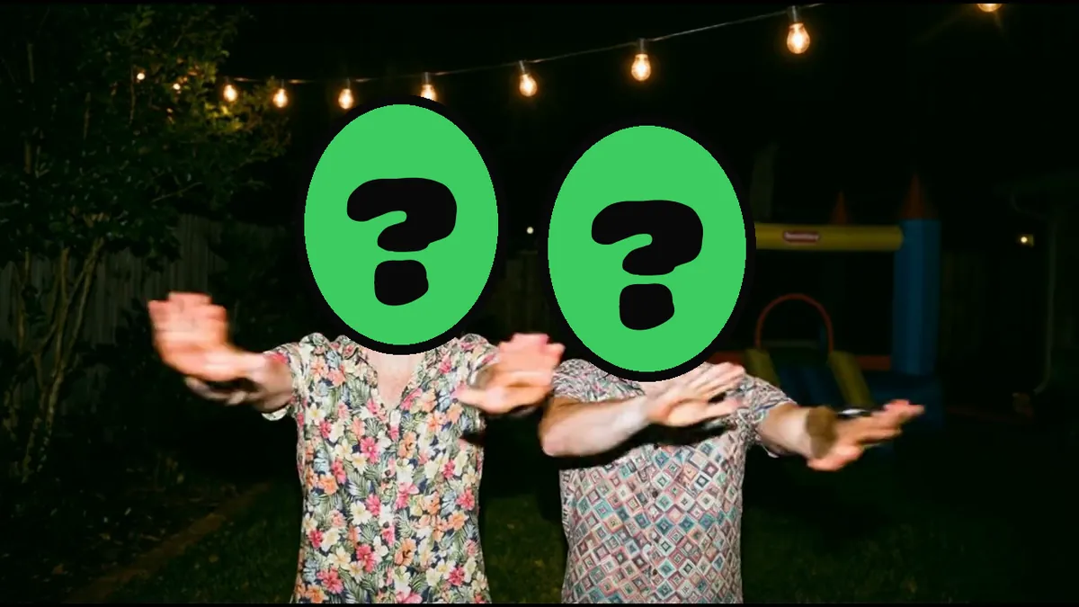Surprise Party video card, scene 3: dancers with a ? where your face goes (funny birthday card messages)