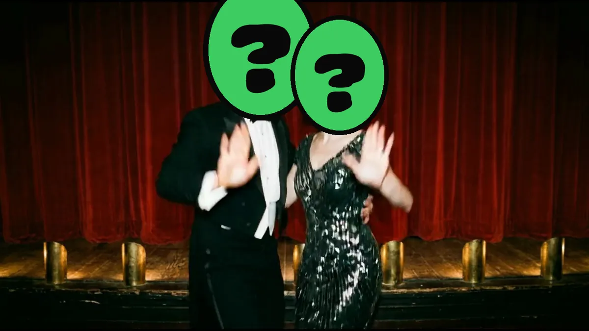 Big Band Birthday video card, scene 2: dancers with a ? where your face goes (funny dad birthday cards)