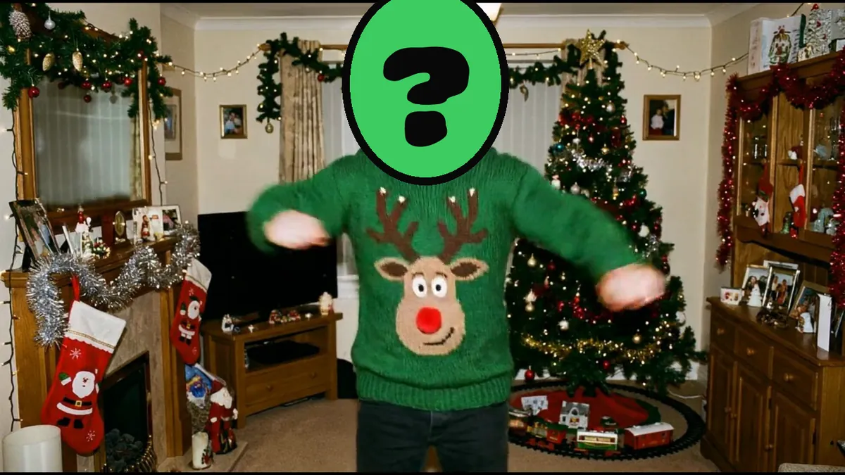 Ugly Sweater Party video card, scene 2: dancers with a ? where your face goes (elf yourself)