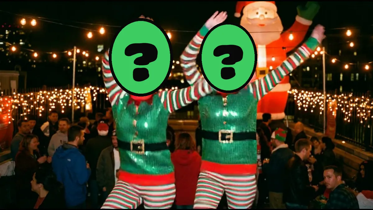 Ugly Sweater Party video card, scene 3: dancers with a ? where your face goes (christmas ecard for coworkers)