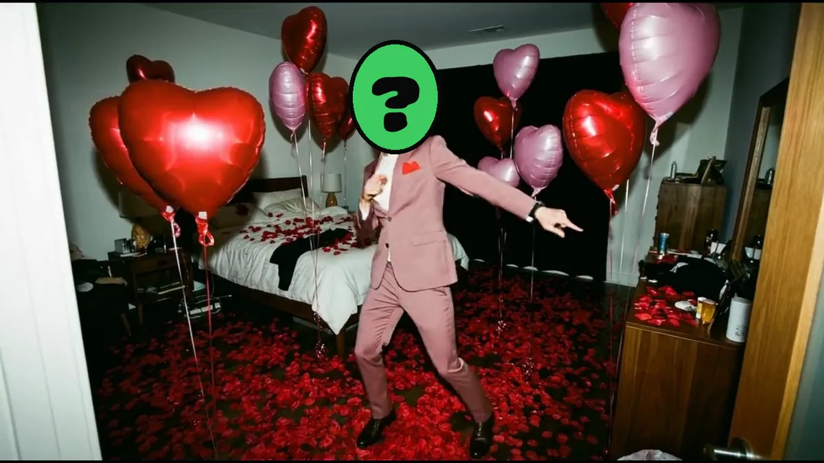 Be My Valentine video card, scene 2: dancers with a ? where your face goes (funny valentines ecards)