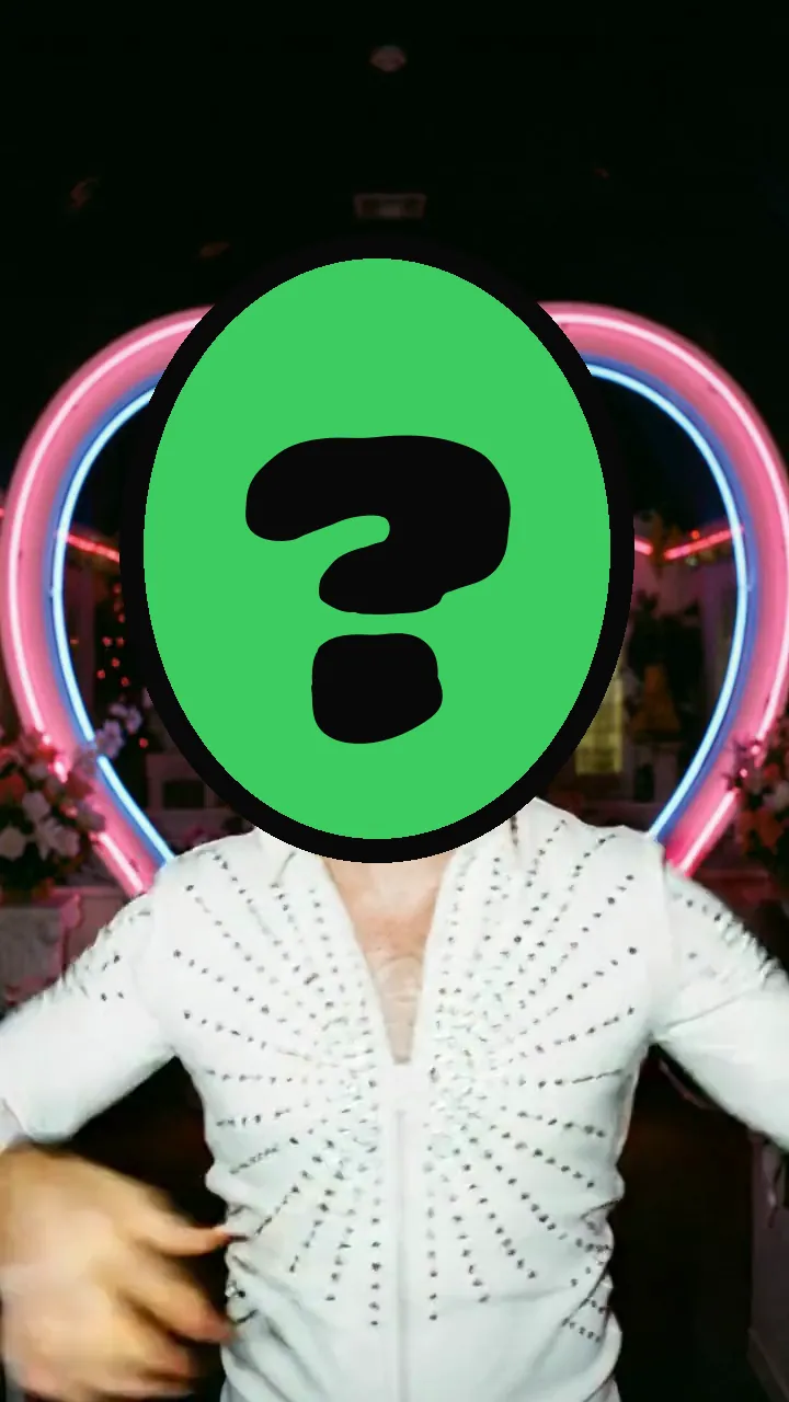 Vegas Baby Anniversary video card, scene 2: dancers with a ? where your face goes (funny anniversary ecard)