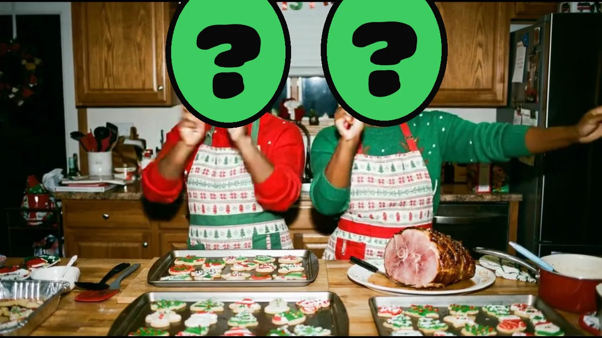 Merry & Bright video card, scene 2: dancers with a ? where your face goes (funny christmas ecards add your face)
